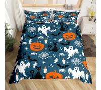 Loussiesd Set di biancheria da letto per bambini con decorazioni di Halloween, per letto junior/culla, pipistrello, zucca, adolescenti, adulti, fantasma, festival, set copripiumino vintage blu