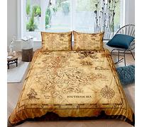 Loussiesd Set di biancheria da letto per bambini con mappa dell'isola nautica, stile vintage, motivo: nave pirata, oceano, antico, pirata, teschio, 2 pezzi, per letto singolo