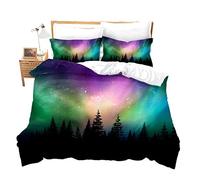 Loussiesd Set di biancheria da letto per bambini e ragazze, con motivo aurora colorato, per letto singolo, con paesaggio naturale, boreale, con 1 federa in microfibra, chiusura lampo e cravatte,