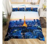 Loussiesd Set di biancheria da letto per bambini e ragazzi, con copripiumino 3D con stampa 3D della Torre Eiffel e punti di riferimento di Parigi, decorativo, moderno, con cerniera, colore: oro e blu