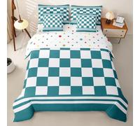 Loussiesd Set di biancheria da letto per letto king size con lenzuola per bambini, ragazzi e ragazze, vintage, blu foglia di tè, bianco, geometrico, a quadri, 7 pezzi, moderno e semplice, in una borsa