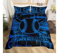 Loussiesd Set di biancheria da letto per letto matrimoniale, motivo baseball, blu e nero, per bambini, ragazzi e ragazze, con copripiumino a nido d'ape con 2 federe