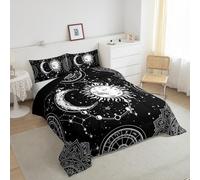 Loussiesd Set di biancheria da letto per letto matrimoniale, motivo: sole e luna, per bambini, ragazzi, ragazze, adolescenti, psichedelico, boho, mandala, celeste, nero e bianco