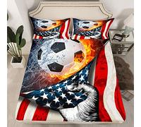 Loussiesd Set di biancheria da letto per ragazze e ragazzi e bambini, con lenzuolo con angoli, motivo pallone da calcio, fiamma, motivo bandiera americana, per letto matrimoniale, 3 pezzi