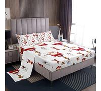 Loussiesd - Set di biancheria da letto per ragazzi e ragazze con simpatici motivi di pupazzo di neve, Babbo Natale, orsetto e coniglietto, con campanelle di Natale, lenzuola bianche e 2 federe, 4