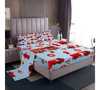 Loussiesd - Set di biancheria da letto per ragazzi e ragazze, motivo auto dei vigili del fuoco, lenzuola rosse con camion dei vigili del fuoco, set di biancheria da letto per bambini e adolescenti