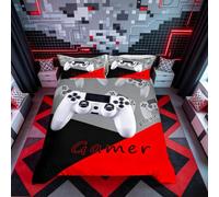 Loussiesd Set di biancheria da letto per ragazzi e ragazze, set di biancheria da letto per ragazzi e ragazze, con motivo controller 3D, moderno, rosso, nero, grigio, per letto king size, 3 pezzi
