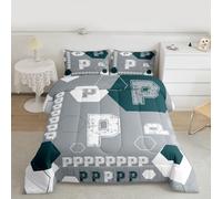 Loussiesd Set di biancheria da letto per tutte le stagioni con 1 federa per cuscino con lettere dell'alfabeto e numeri in microfibra per letto matrimoniale per bambini grigio verde decorazione piumino