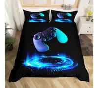 Loussiesd Set di biancheria da letto, per videogiochi, adulti, geometrici, per controller di gioco, copriletto, per camera da letto, 3 pezzi, matrimoniale, nero, blu