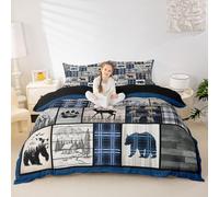 Loussiesd Set di biancheria da letto rustico per letto matrimoniale, morbido, per ragazzi e ragazze, copripiumino con orso cervo e fauna selvatica, in microfibra, motivo scozzese, blu, nero, per