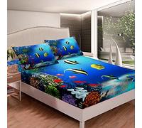 Loussiesd Set di lenzuola con angoli blu oceano sotto l'acqua World Lenzuola tropicali pesci corallo, 3 pezzi matrimoniali