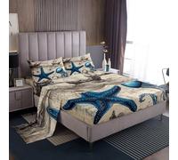 Loussiesd Set di lenzuola con angoli per letto king size, motivo barca a vela, con tasca profonda, stelle marine, meduse, per ragazzi e ragazze, set di lenzuola vintage retrò con 2 federe