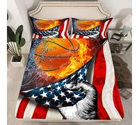 Loussiesd Set di lenzuola con angoli sportivi con motivo pallacanestro 3D con giochi di palla e fiamma, per bambini e adulti, con bandiera americana, ultra morbido, king size