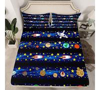Loussiesd Set di lenzuola con motivo a razzo spaziale per Galaxy Cosmonauta Spaceman Lenzuolo con angoli per bambini e adulti, con cielo stellato e universo pianeti, colore: blu