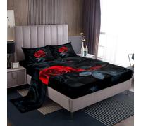 Loussiesd Set di lenzuola con rose rosse e nere, per letto king size, con tasca profonda, lenzuolo con angoli, lenzuolo con angoli, romantico, per San Valentino, 4 pezzi, con 2 federe