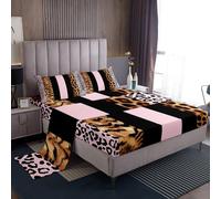 Loussiesd Set di lenzuola con stampa leopardata per bambini, ragazzi e ragazze, con tasca profonda, lenzuolo con angoli, per letto matrimoniale, motivo animali, rosa, nero, decorazione per camera da