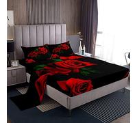 Loussiesd, Set di lenzuola king size per ragazze e donne, fiori rossi, 1 lenzuolo sopra e 1 lenzuolo con angoli con 2 federe, motivo: letto di rose
