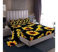 Loussiesd, Set di lenzuola matrimoniale, girasole, botanico, floreale, 1 lenzuolo sopra e 1 lenzuolo con angoli con 2 federe, motivo: fiori gialli, colore: nero