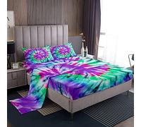 Loussiesd - Set di lenzuola matrimoniali, motivo con spirali tie-dye, viola/color foglia di tè, 4 pezzi, 1 lenzuolo di sopra, 1 lenzuolo con angoli e 2 federe, resistente a pieghe e scolorimento