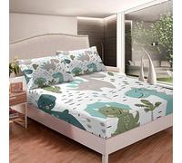 Loussiesd Set di lenzuola per bambini con dinosauro cactus, set di lenzuola per ragazzi, ragazzi, ragazze, foglie, rami, set di biancheria da letto, con angoli e animali, 2 pezzi per letto singolo