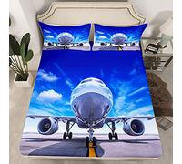 Loussiesd Set di lenzuola per bambini e ragazzi in aereo, con grazioso aereo aeronautico e pista per ragazze, con motivo a cartoni animati, con angoli bianchi, blu, 2 pezzi, per letto singolo