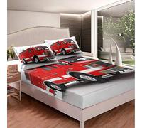 Loussiesd Set di lenzuola per camion dei pompieri, set di biancheria da letto e bambini, con angoli vigili del fuoco, set di lenzuola con angoli, copriletto rosso, 2 pezzi per letto singolo