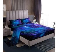 Loussiesd Set di lenzuola per letto king size, motivo galassia, blu nebulosa universo, 100% microfibra, con angoli profondi, 4 pezzi, 1 lenzuolo con angoli e 2 federe