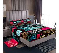 Loussiesd, Set di lenzuola per letto king size, note musicali, 4 pezzi, include 1 lenzuolo con angoli e 1 lenzuolo con 2 federe, microfibra, poliestere, tie-dye, motivo: musica 3D