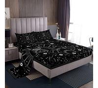 Loussiesd, Set di lenzuola per letto king size, stile bohémien esotico, lenzuolo con angoli, per bambini e adulti, ultra morbido, chic, 4 pezzi, motivo: mandala sole e luna, bianco e nero