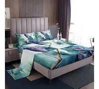 Loussiesd, Set di lenzuola per letto matrimoniale, pavone, giardino, botanico, tribale, piume di pavone, 4 pezzi, include 1 lenzuolo e 1 lenzuolo con angoli con 2 federe, morbido, motivo: cineseria