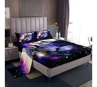 Loussiesd, Set di lenzuola per letto matrimoniale, spazio, lupo, galassia, acchiappasogni, 4 pezzi, include 1 lenzuolo e 1 lenzuolo con angoli con 2 federe, morbido, motivo: galassia viola 3D