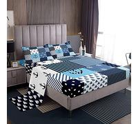 Loussiesd, Set di lenzuola per letto singolo, tema navigazione, patchwork, ancora, bussola, 3 pezzi, include 1 lenzuolo e 1 lenzuolo con angoli con 1 federa, morbido, motivo: nautico