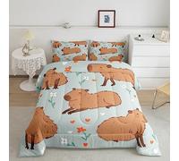Loussiesd Set Trapunta Capybara floreale carino Capybara Set per bambini Cartoon Capybara Comforter Brown Capybara Set Trapunta in microfibra set Trapunta 2 pezzi 135x200cm