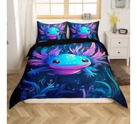 Loussiesd Simpatico set di biancheria da letto Axolotl, per bambini, con motivo salamandra, per ragazzi, ragazze, adolescenti, blu, nero, traspirante, morbido e leggero, in microfibra, senza piumone