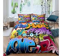 Loussiesd Stile Graffiti Set di biancheria da letto Hip Hop Tema Bambini Comforter Cover per Ragazzi Youth Illustrazione, Giovane Uomo Copripiumino Street Culture 3 Pz King
