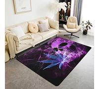 Loussiesd Tappeto decorativo con foglie di marijuana, con teschio di zucchero, foglie di cannabis, decorazione per la casa, con piante botaniche, stampa viola, 100 x 150 cm
