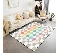 Loussiesd Tappeto geometrico a scacchi, 100 x 150 cm, in poliestere, verde, giallo, beige, marrone, a quadri, per soggiorno, camera da letto, scacchiera, decorazione estetica moderna, tappeto grigio