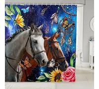 Loussiesd Tenda da bagno con ganci, motivo: acchiappasogni galassia, tenda da doccia con cavalli bianchi e marroni, motivo floreale rosso e giallo, tessuto in tessuto esotico bohémien, camera celeste