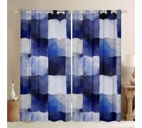 Loussiesd Tende oscuranti geometriche a scacchi, 30% -50% a quadri blu e bianchi, moderne, oscuranti, per la decorazione della camera da letto, arte astratta, ombré, termiche, isolanti, tendaggi per