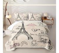 Loussiesd Trapuntini Trapuntati Matrimoniale Torre Eiffel | Paris Tower, set copripiumino per ragazze, romantico tema rose chic, con stampa di cuori e cuori
