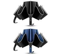 Louttary Confezione da 2 pezzi, infrangibili a 10 nervature, antivento in nero e blu, per pioggia e sole, automatico, pieghevole, invertito.