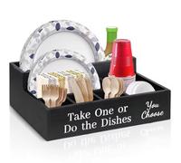 Louttary Piatto in legno rustico in stile fattoria, dispenser per tovaglioli, piatti di carta, organizer portatile da picnic per tazze, forchette, piatti