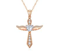 LOVANS Collane con croce in argento sterling 925 per donne, collana con pendente croce con ali di angelo in tono oro/argento. (Oro rosa + zirconio bianco)