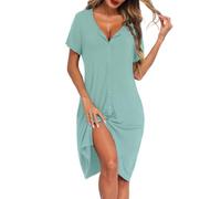 Lovasy Camicia da Notte Cotone Donna Manica Corta Sexy Abito da Notte Estiva con Bottoni Un Pezzo Pigiama Curvy Premaman Allattamento con Tasche,Verde,XXL