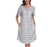 Lovasy Camicia da Notte Donna Cotone con Bottoni Camicia da Notte Estiva Manica Corta Sottoveste Elegante con Scollo a V e a Righe Pigiama Donna con Tasche Laterali C Grigio e Rosa S
