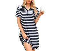 Lovasy Camicia da Notte Donna Cotone con Bottoni Camicia da Notte Estiva Manica Corta Sottoveste Elegante con Scollo a V e a Righe Pigiama Donna con Tasche Laterali C Marina e Bianco S
