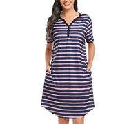 Lovasy Camicia da Notte Donna Cotone con Bottoni Camicia da Notte Estiva Manica Corta Sottoveste Elegante con Scollo a V e a Righe Pigiama Donna con Tasche Laterali C Marina e Giallo S