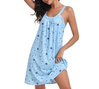 Lovasy Camicia da Notte Donna Estiva Sexy Sottoveste Senza Maniche con Spalline Larghe Camicia da notte Plissettata con Scollo Rotondo Pigiama Corto Vestaglie per Casa e Casuale B Blu/Stella e Luna XL