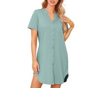 Lovasy Camicia da Notte Donna in Cotone Manica Corta Scollo a V Sexy Sottoveste Curvy con Bottoni Davanti Abito da Notte Estiva con Tasche B Verde M
