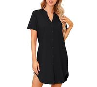 Lovasy Camicia da Notte Donna in Cotone Manica Corta Scollo a V Sexy Sottoveste Curvy con Bottoni Davanti Abito da Notte Estiva con Tasche B Nero M